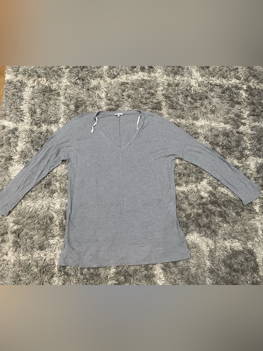 Splendid Women's Gray Ribbed Knit V-Neck Pullover Hoodie Medium